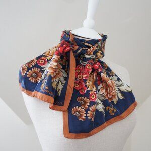 Adrienne Vittadini Vintage Silk Navy Red Green Burnt Orange Floral Neck Scarf